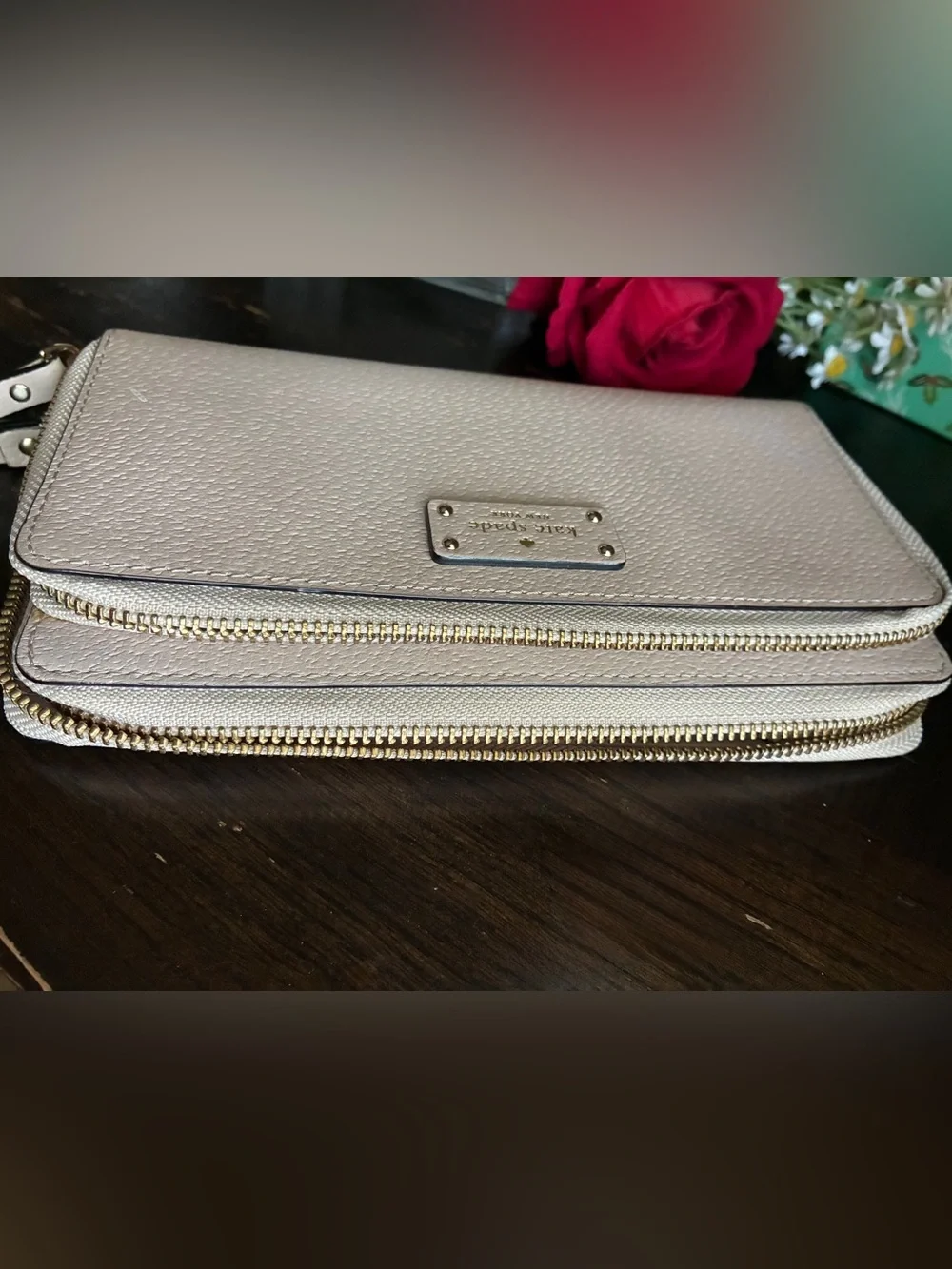 kate spade Pebbled Zip-Around Wristlet Wallet in Light Beige